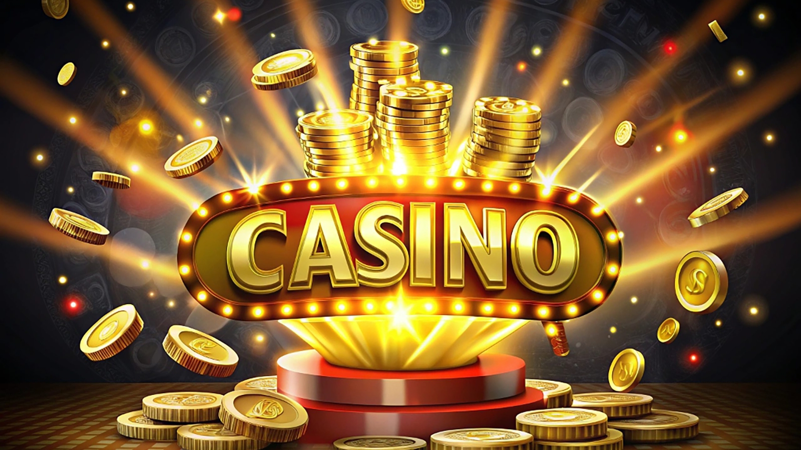 The word Casino, surrounded by a luminous frame and attributes of gambling