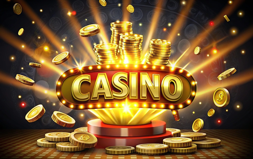 The word Casino, surrounded by a luminous frame and attributes of gambling